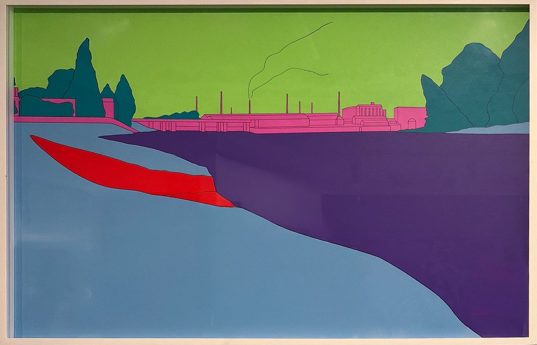 Sir Michael Craig-Martin's Deconstructing Seurat (Blue), 2004, a flat graphic screenprint of an industrial landscape in bold blue, purple, pink and green