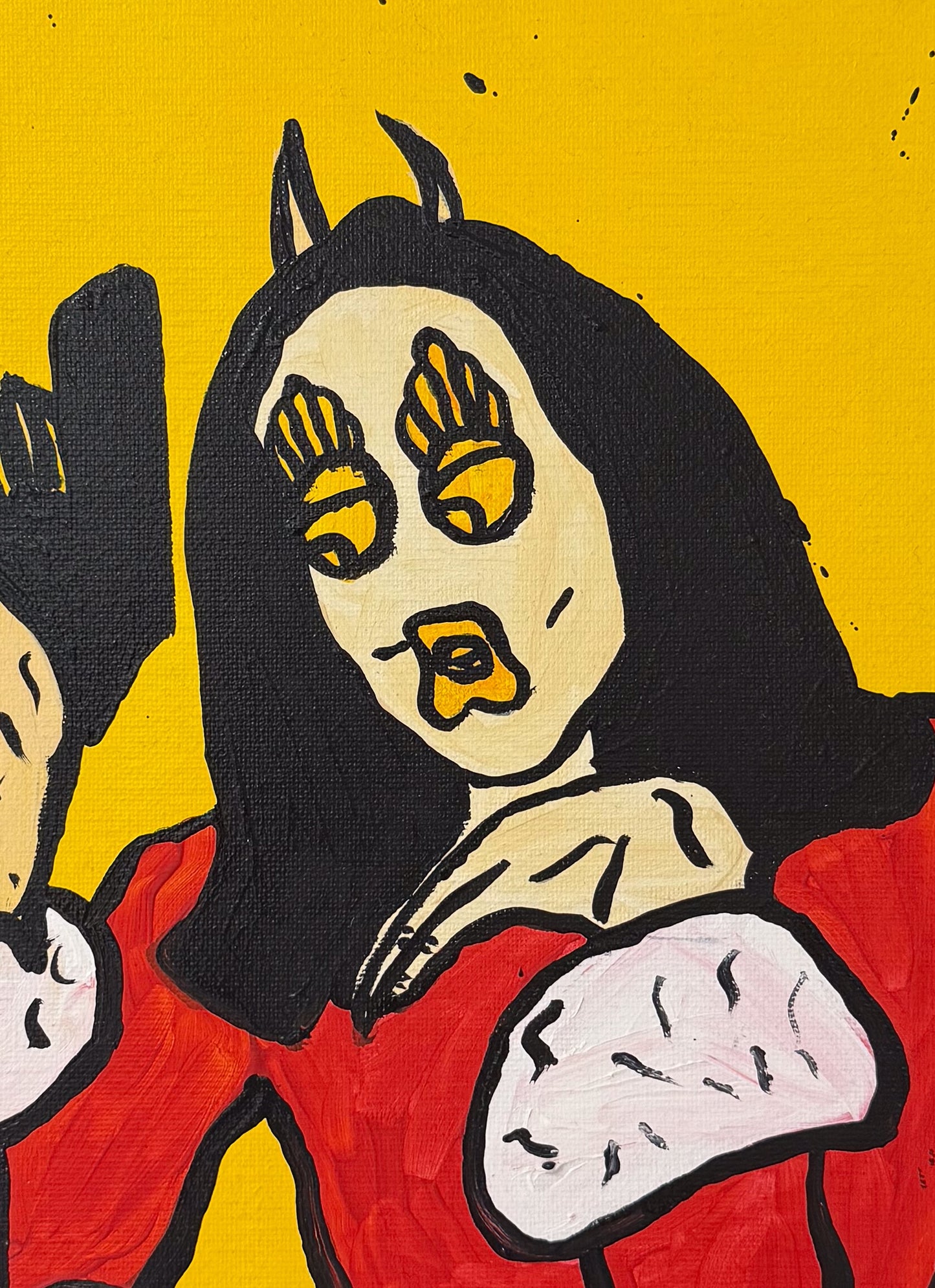 A detailed view of the central figure in "The Broken Generation" original painting by Forbes 30 Under 30 artist Mason Newman. This shot showcases the hand-painted facial details and the striking contrast between the yellow, red, and black colour palette.