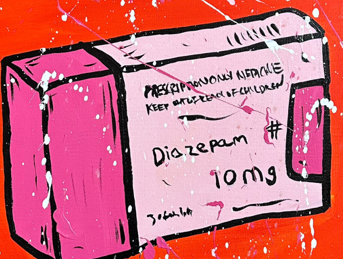 Detailed view of the "Diazepam 10mg" pharmaceutical box imagery on the original pink-themed canvas by Mason Newman. This shot captures the heavy texture of the spray paint and the gestural splatters on the 35 x 45 cm artwork.