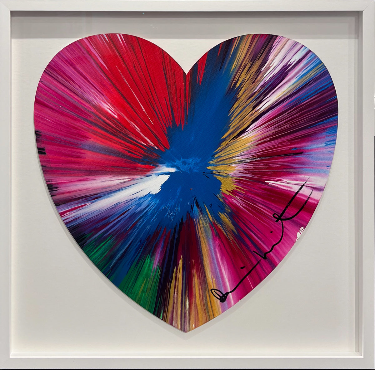 Damien Hirst heart-shaped spin painting in red, pink and blue, signed and framed in white, at Creed Gallery, Ascot
