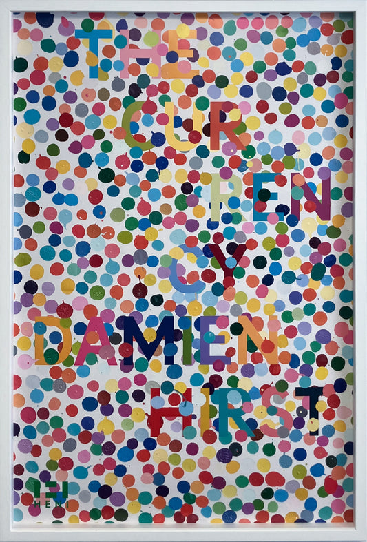 Damien Hirst "The Currency" Poster 4 featuring the iconic colourful spot motif. An official exhibition poster from the 2021 Tenders series. Available at Creed Gallery Ascot, serving collectors in Virginia Water and Wentworth near London.