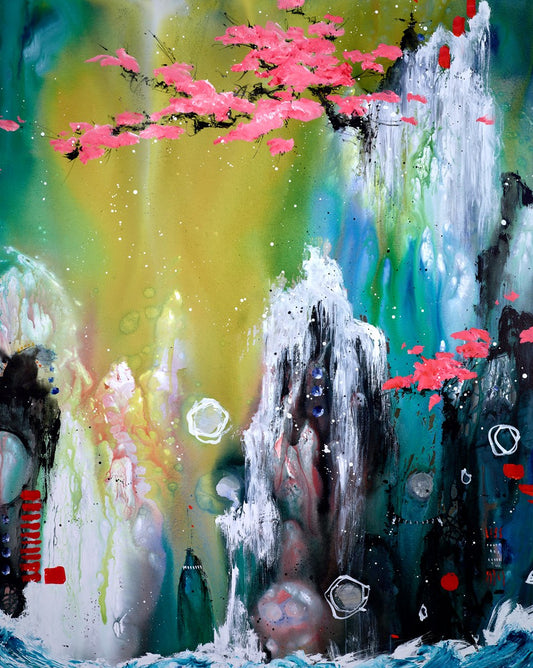 'Falling... Falling Into Your Grace', a large original abstract floral oil painting by Danielle O’Connor Akiyama, framed in white at Creed Gallery Ascot.