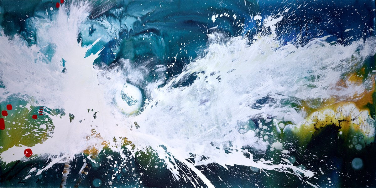 'Full Moon Gorse Sky', an original abstract oil painting of a moonlit landscape by Danielle O’Connor Akiyama, framed in white at Creed Gallery Ascot.