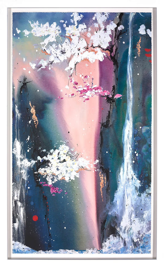 'Visions of Eternity II' by Danielle O’Connor Akiyama, a hand-embellished signed limited edition featuring a person in a kimono and cherry blossoms, in a white frame at Creed Gallery Ascot.