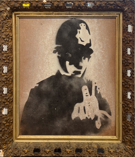 David Henty's homage to Banksy's Rude Copper: a sepia-toned stencilled policeman in a distressed gilt frame