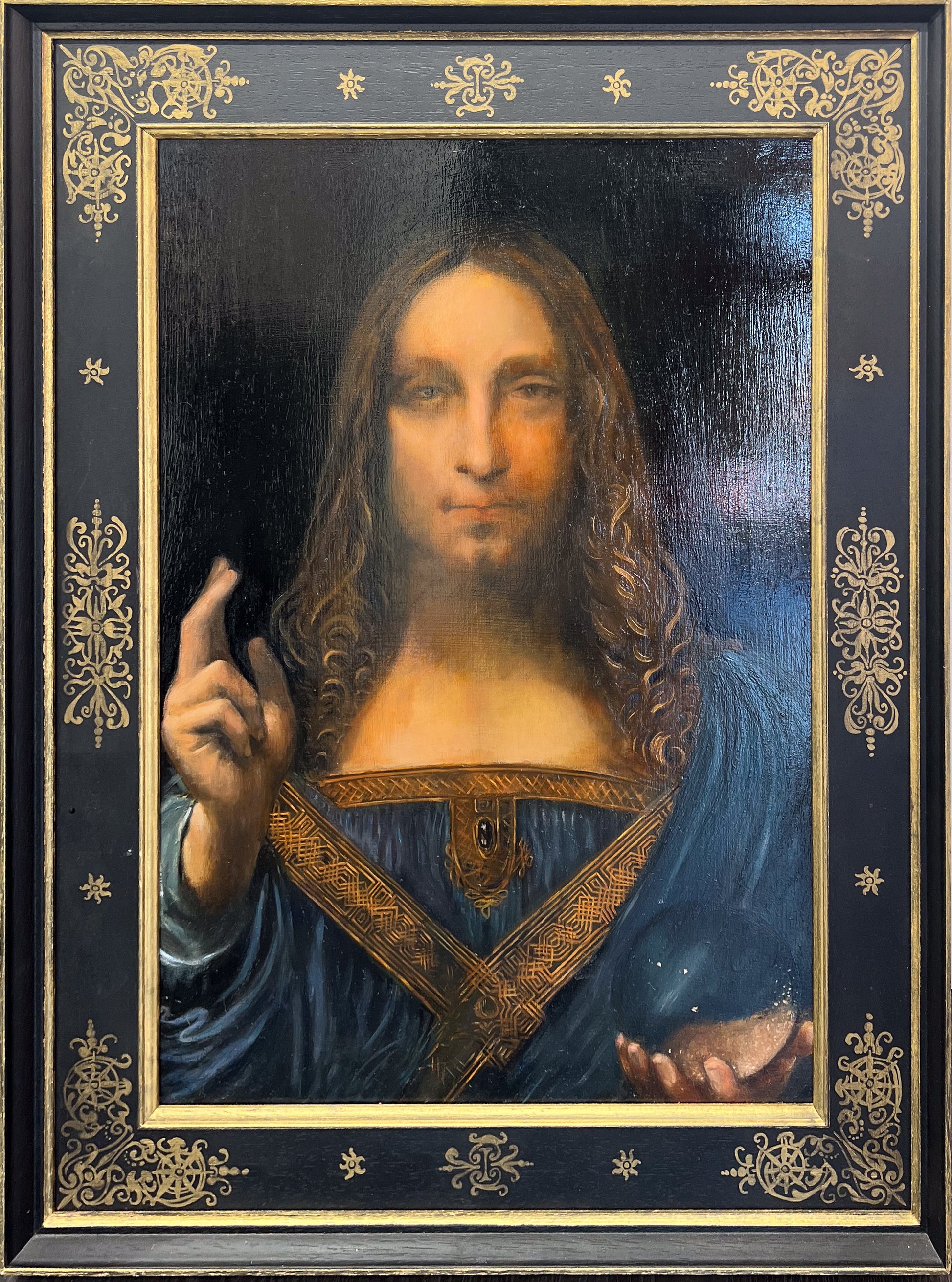 David Henty's homage to Leonardo da Vinci's Salvator Mundi, in an ornate gilt-decorated frame