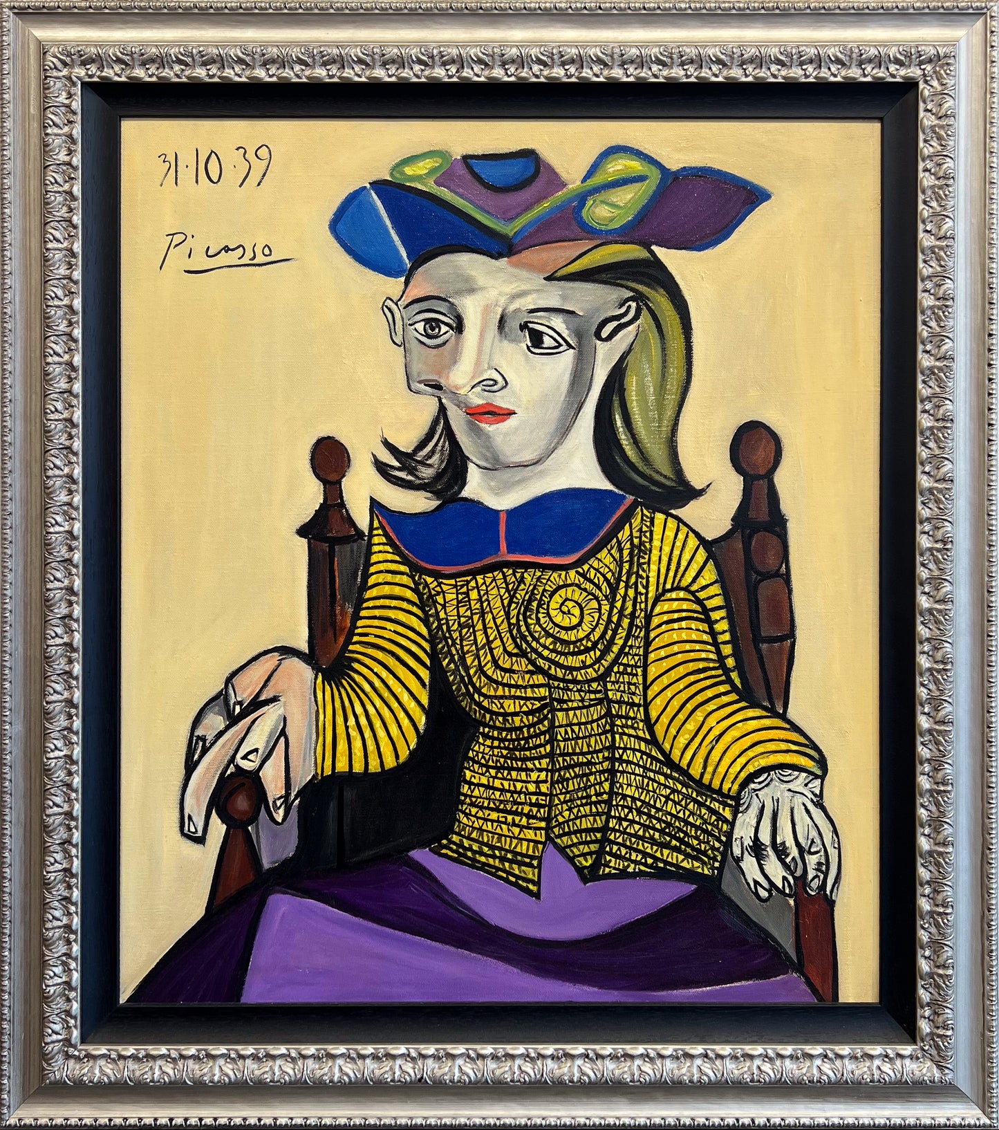 David Henty's homage to Picasso, a seated woman in a plumed hat and yellow striped bodice against a mustard ground
