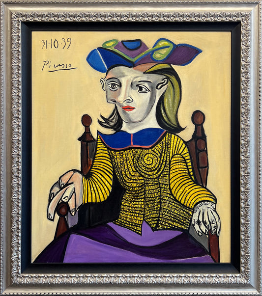 David Henty's homage to Picasso's Dora Maar in a Yellow Shirt, 1939 — a cubist-style portrait of Picasso's muse in a striped yellow bodice and plumed hat against a mustard ground