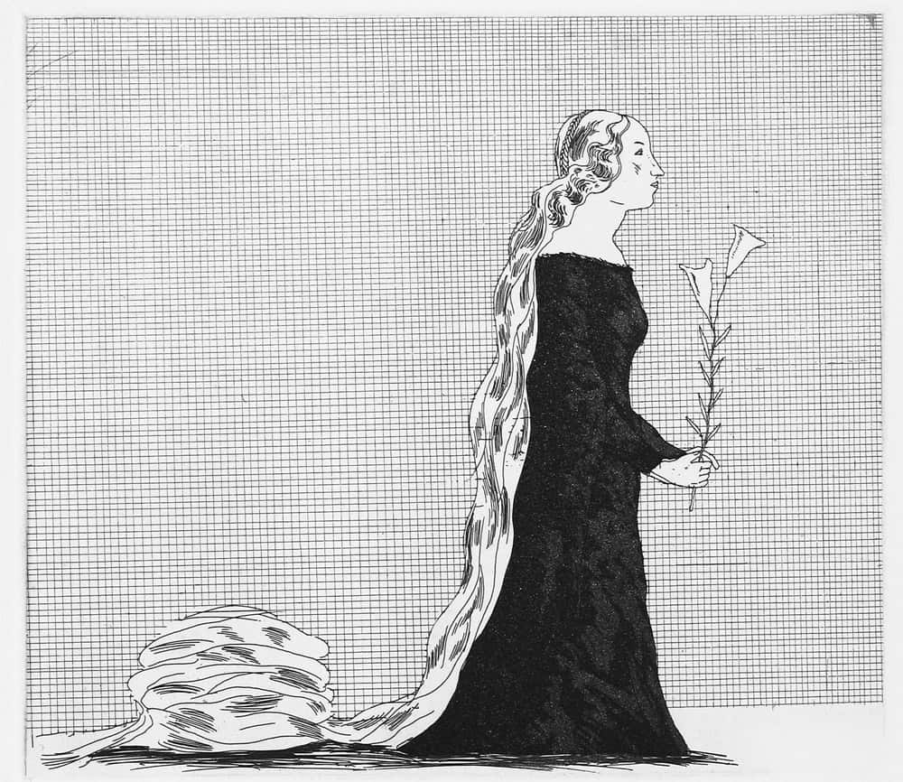David Hockney, The Older Rapunzel 1969, original etching and aquatint from Six Fairy Tales from the Brothers Grimm series, printed on textured Hodgkinson handmade paper, monochrome art print.