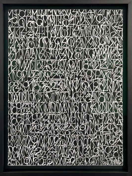 DEFER original "Spiritual Language" painting, white calligraphic scrawl on a black background, framed and available now at Creed Gallery, serving Ascot and Virginia Water.