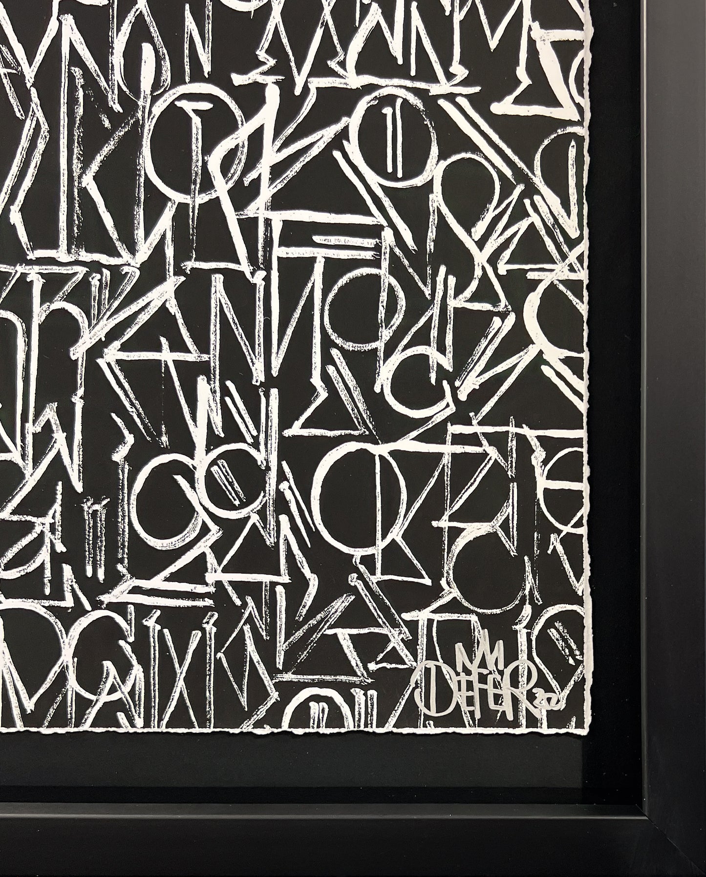 DEFER original "Spiritual Language" painting, white calligraphic scrawl on a black background, framed and available now at Creed Gallery, serving Ascot and Virginia Water.