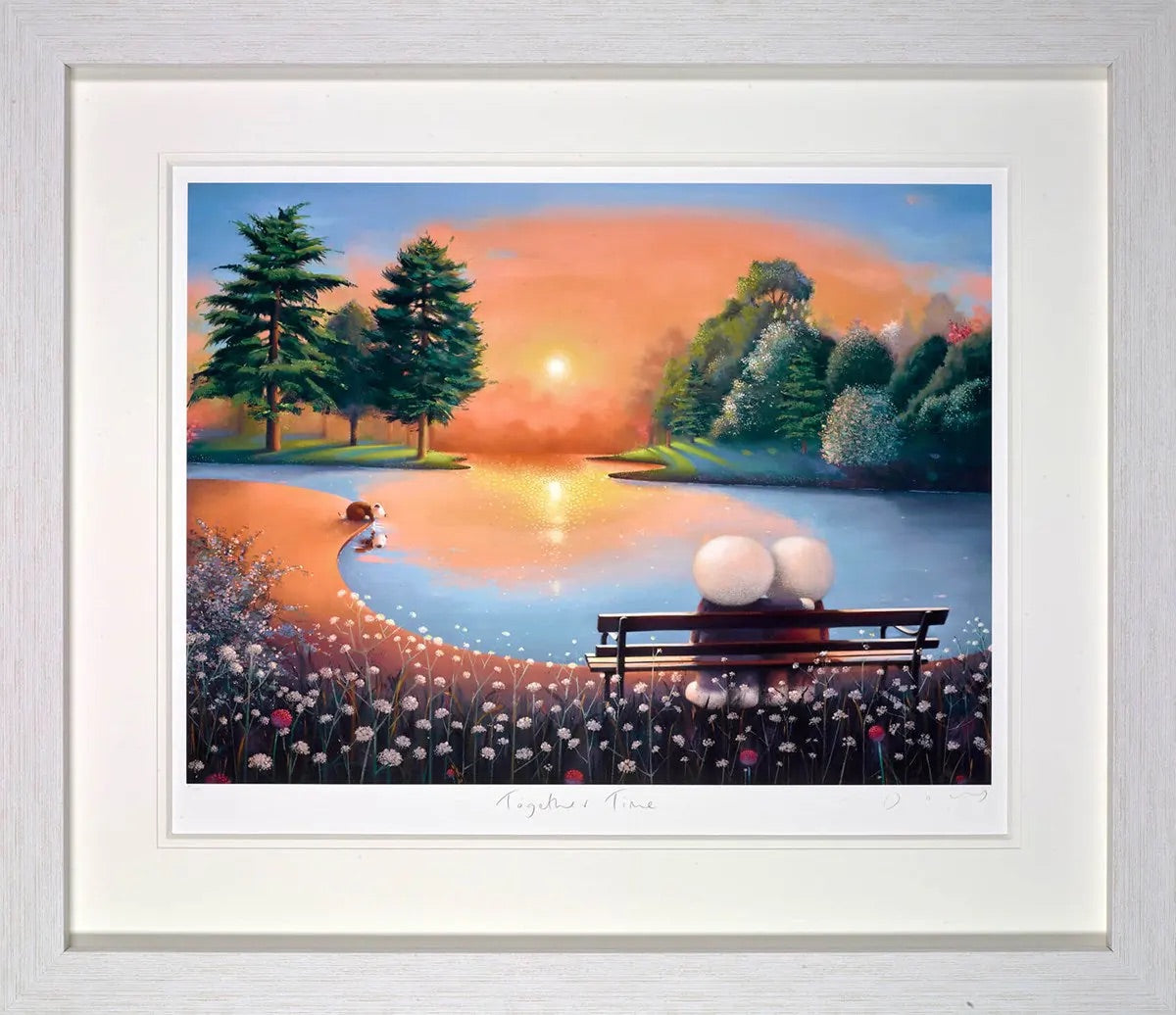 Doug Hyde - 'Together Time' - Framed Limited Edition Giclée Print. A romantic lakeside scene featuring two iconic Doug Hyde characters and their dog sitting on a bench at sunset, displayed at Creed Gallery Ascot.