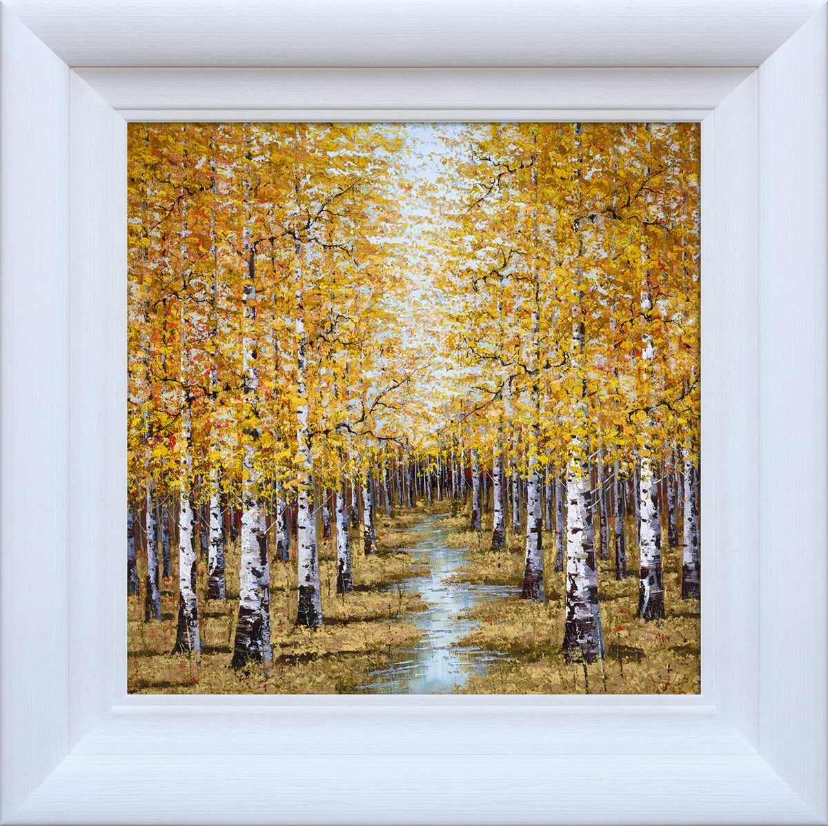 "Echoes of Gold" by Inam, a hand-embellished limited edition autumn forest painting featuring glowing gold and orange leaves, available at Creed Gallery Ascot.