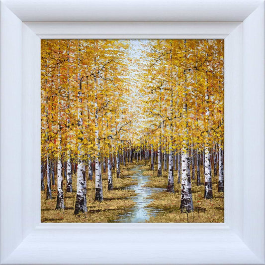"Echoes of Gold" by Inam, a hand-embellished limited edition autumn forest painting featuring glowing gold and orange leaves, available at Creed Gallery Ascot.