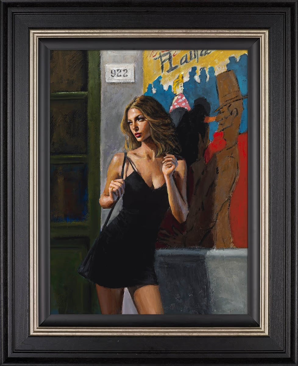 Bespoke framed edition of 'Eden in Toulouse' by Fabian Perez, featuring atmospheric chiaroscuro lighting and cinematic allure, available at Creed Gallery Berkshire.