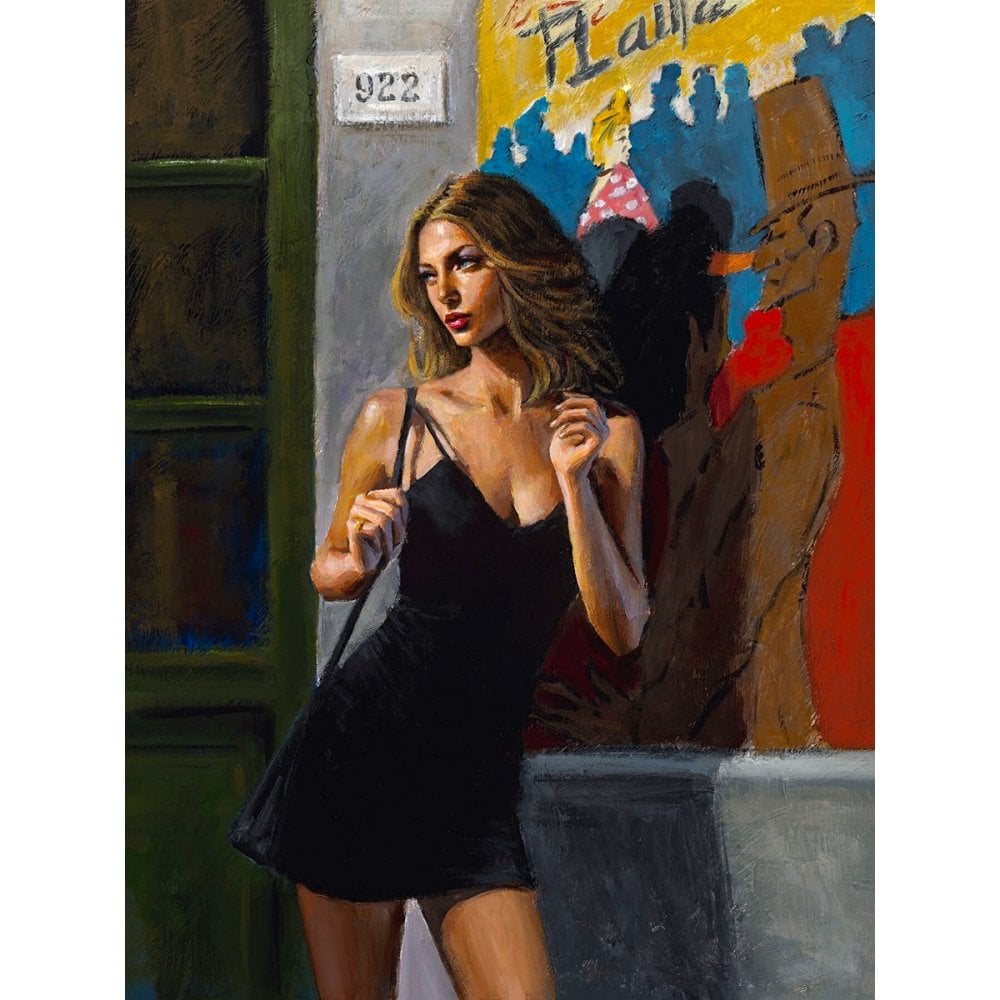 'Eden in Toulouse' by Fabian Perez, a hand-embellished signed limited edition depicting a woman in a black dress, available for collectors in Windsor and Ascot.