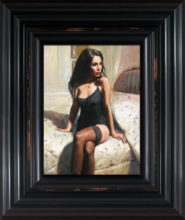 'Kayleigh at The Ritz II' by Fabian Perez, a signed limited edition print of a woman in a seductive night dress, in a premium contemporary frame at Creed Gallery Ascot and Windsor.