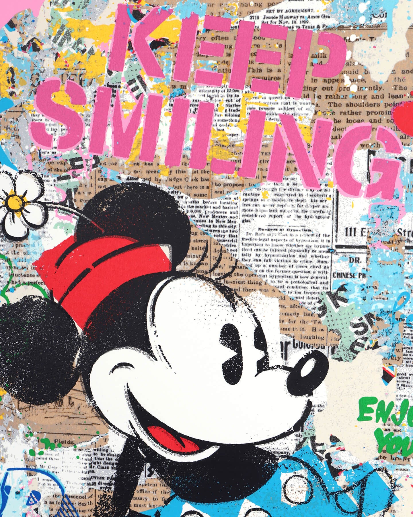 Close-up detail of the "Forever Minnie" signed limited edition print, highlighting the "Keep Smiling" typography and street-art textures. The piece showcases Mr. Brainwash's signature use of bold colours, spray-paint splashes, and nostalgic pop culture motifs.