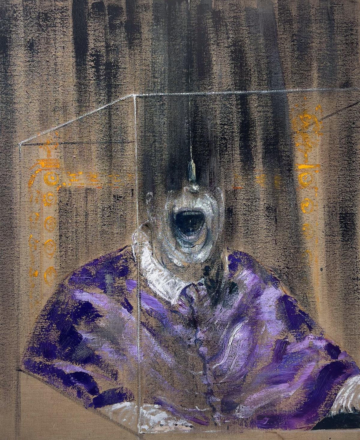 Francis Bacon Head VI print of a robed papal figure with an open, screaming mouth, in the artist's distorted style