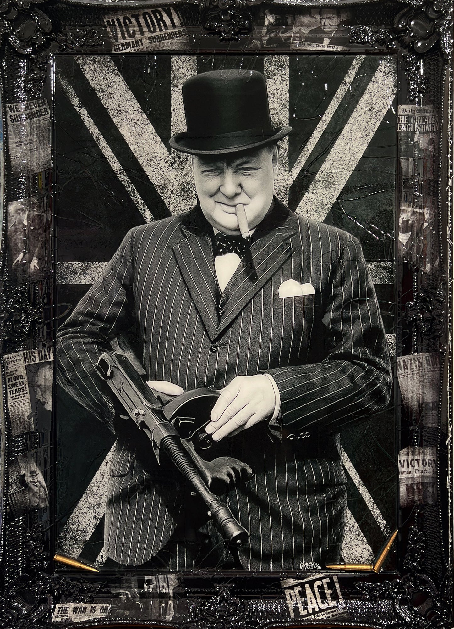 Ghost's No Surrender, a monochrome Winston Churchill portrait collaged with wartime newspaper headlines and a Union Jack motif