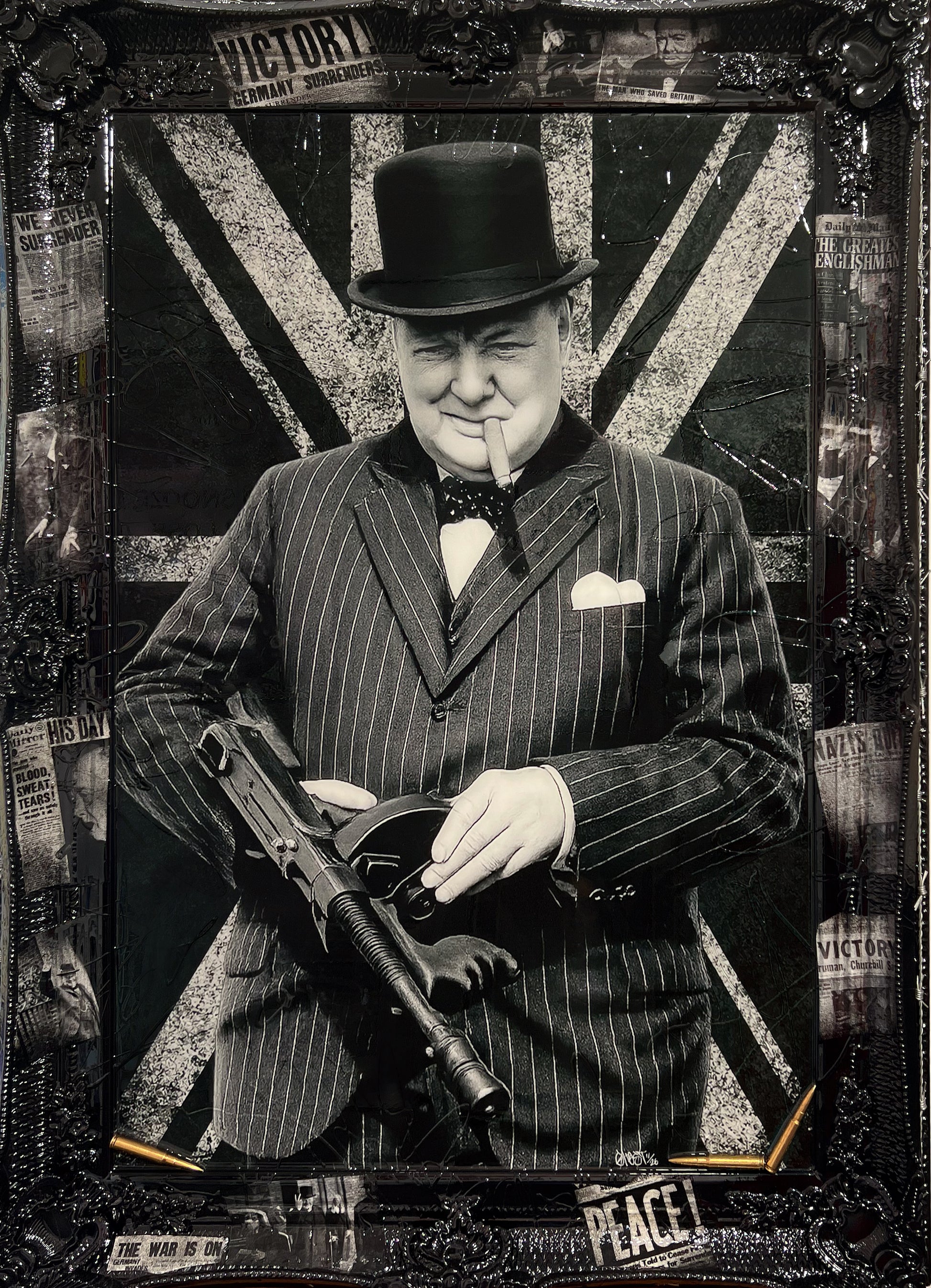 Ghost's No Surrender, a monochrome Winston Churchill portrait collaged with wartime newspaper headlines and a Union Jack motif