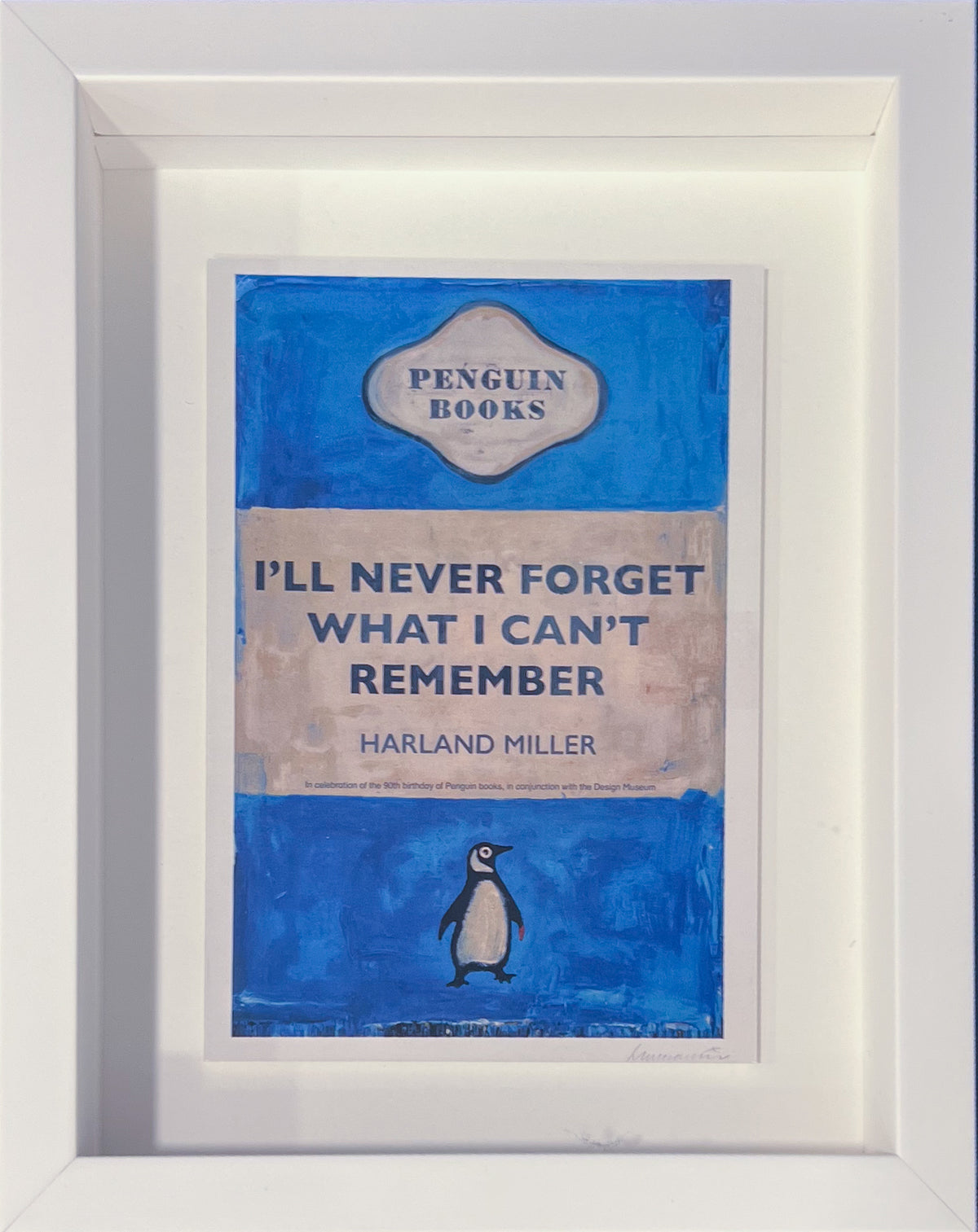 Harland Miller print styled as a worn vintage paperback cover with the title I'll Never Forget What I Can't Remember, framed