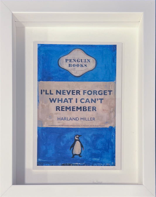 Harland Miller print styled as a worn vintage paperback cover with the title I'll Never Forget What I Can't Remember, framed