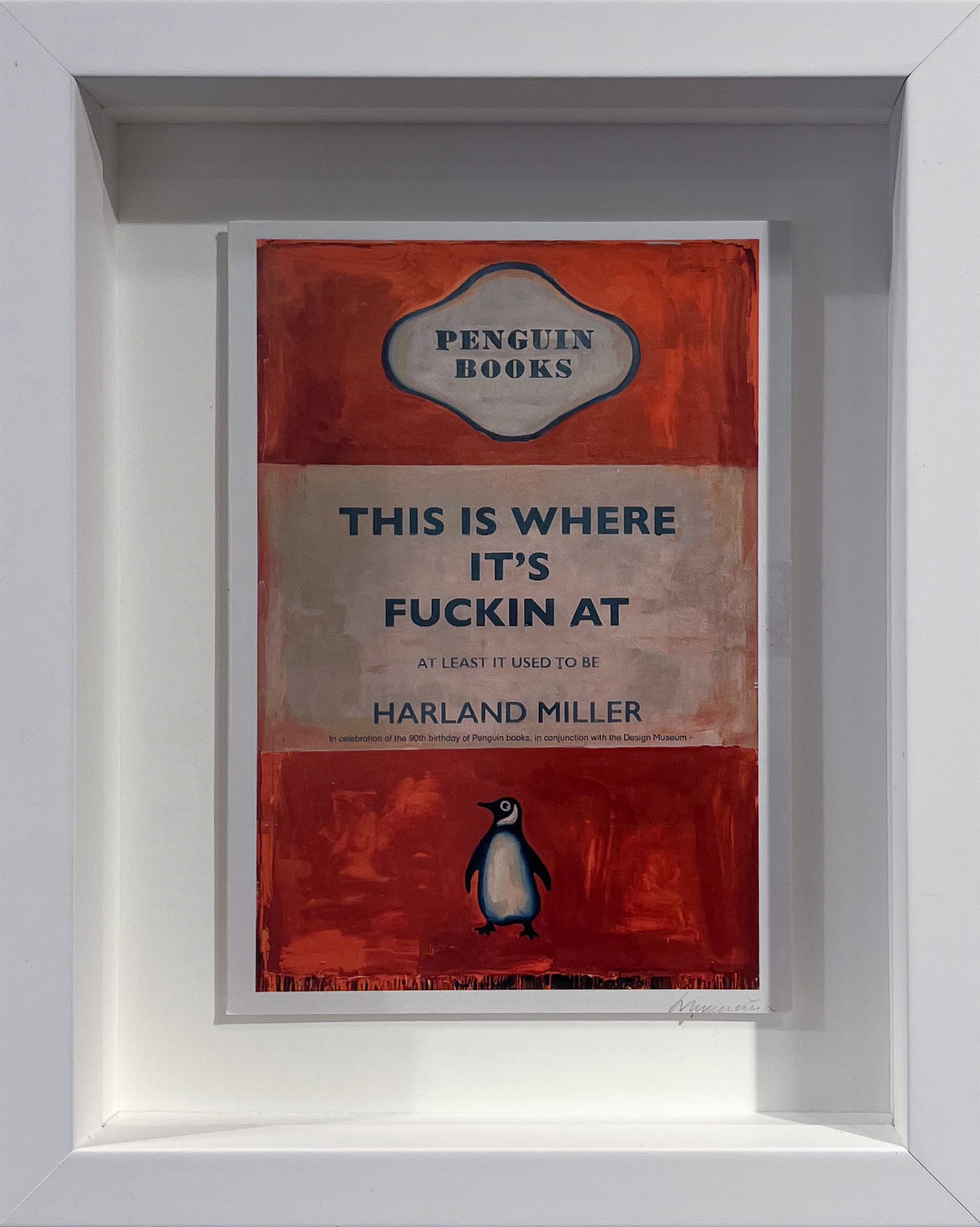 Harland Miller print styled as a worn vintage paperback cover with the title This Is Where It's Fuckin At, framed
