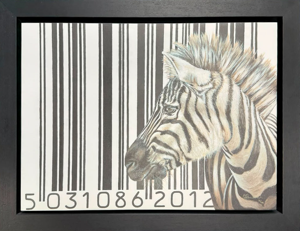 Zebra's head and mane emerging from a black and white barcode pattern with numerals below