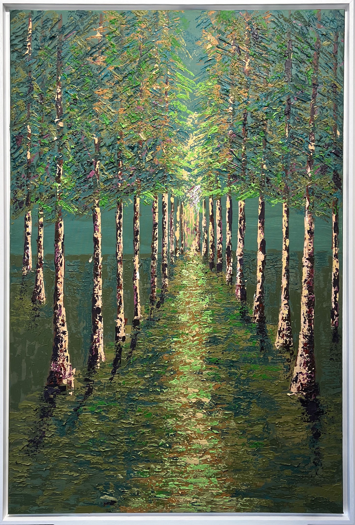 Impasto acrylic painting of an avenue of trees with a glowing path of light receding to a bright clearing