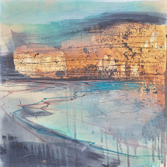 Original mixed media painting "Golden Horizon II" by Ian H Watkins (2024), featuring a radiant landscape with gold leaf and acrylic, Creed Gallery Ascot.