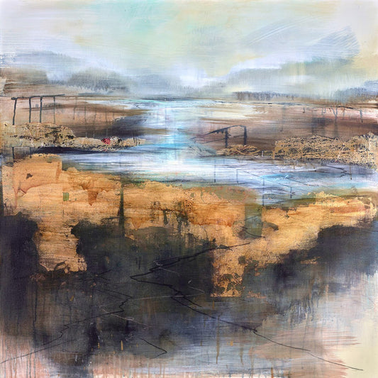 Ian H Watkins original mixed media painting Tir a Tonnau featuring Welsh coastal landscape with gold leaf and acrylic at Creed Gallery Ascot.