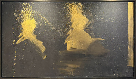 Richard Hambleton Double Shadow Head Gold original, black silhouettes on gold canvas, Creed Gallery Ascot, Berkshire.