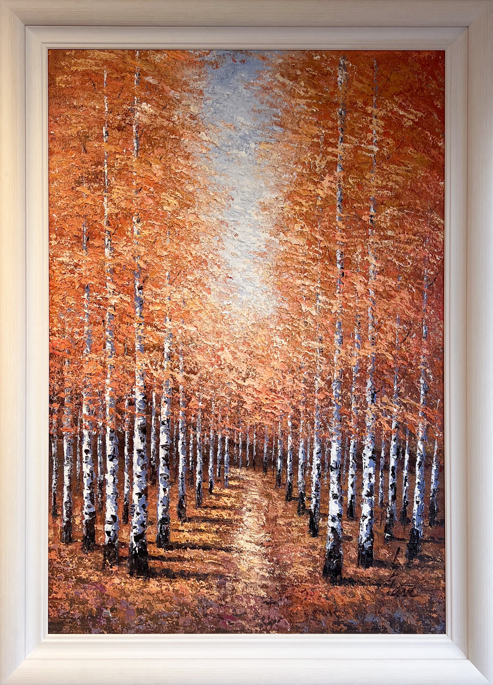 Framed original 'Enchanted Woodland V' oil painting by artist Inam, displayed in a professional frame at Creed Gallery, Ascot.
