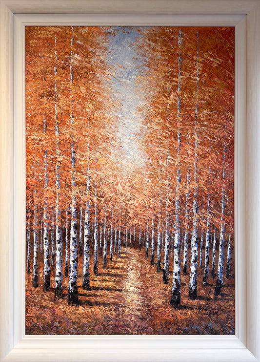 Framed original 'Enchanted Woodland V' oil painting by artist Inam, displayed in a professional frame at Creed Gallery, Ascot.