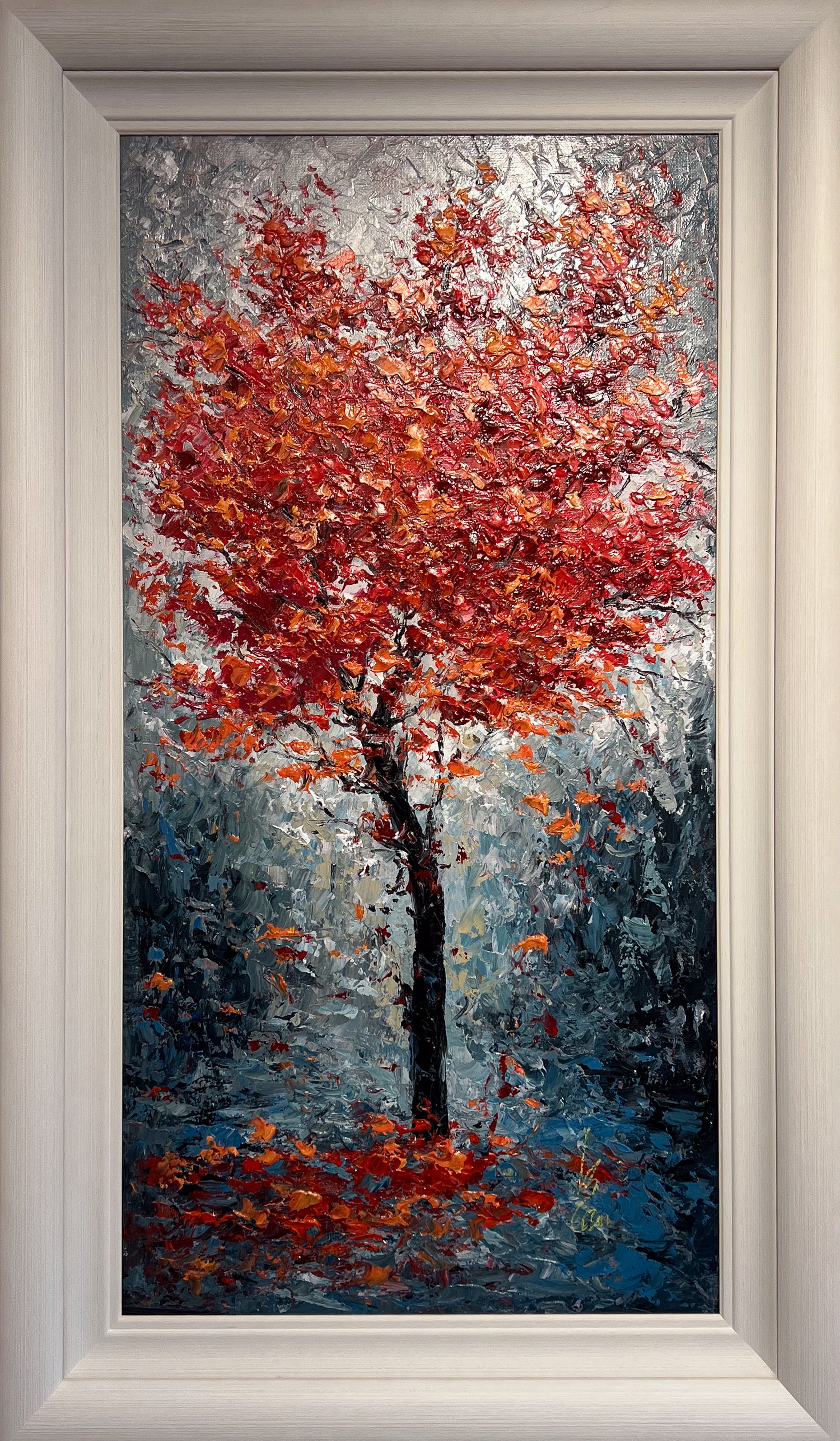 Inam's palette-knife oil painting Forest in Autumn: a single tree with a dense red and orange canopy