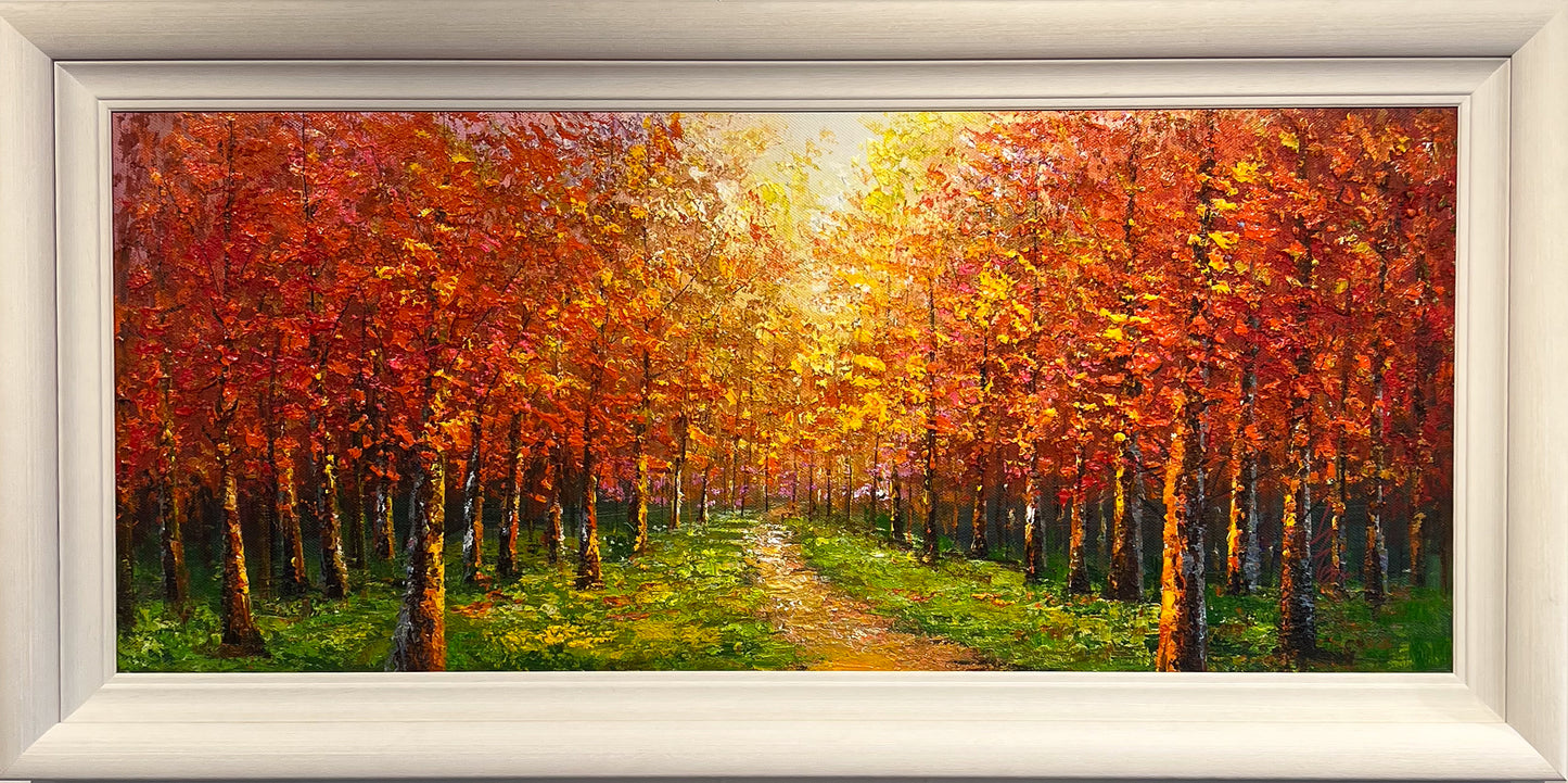 Inam's Forest Path: a sunlit golden avenue of trees in thick palette-knife oil