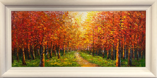 Inam's Forest Path: a sunlit golden avenue of trees in thick palette-knife oil