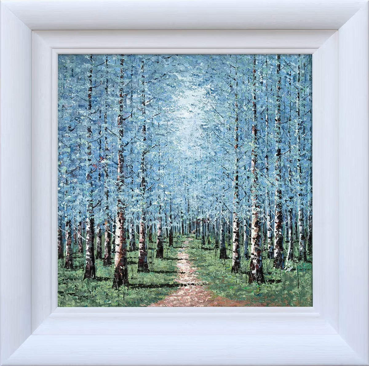 "Into the Forest" by Inam, a hand-embellished limited edition featuring moonlit silver birch trees in teal and seafoam, available for delivery in Windsor and Berkshire.