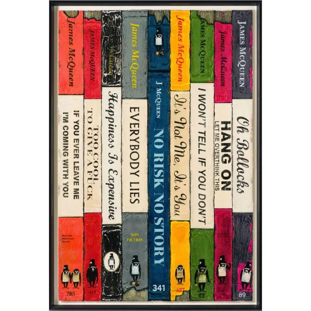 James McQueen "Anthology I" signed limited edition silkscreen on Somerset paper. A large-scale artwork featuring a row of vintage Penguin-style book spines. Available at Creed Gallery, the premier Art Gallery for Virginia Water and Wentworth.