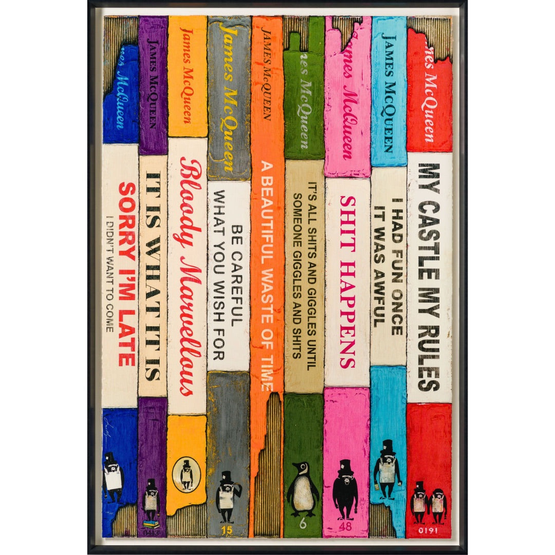 James McQueen "Anthology II" signed limited edition silkscreen. A large-scale horizontal artwork featuring colourful vintage book spines. Available at Creed Gallery, the premier Art Gallery for Wentworth and Virginia Water.