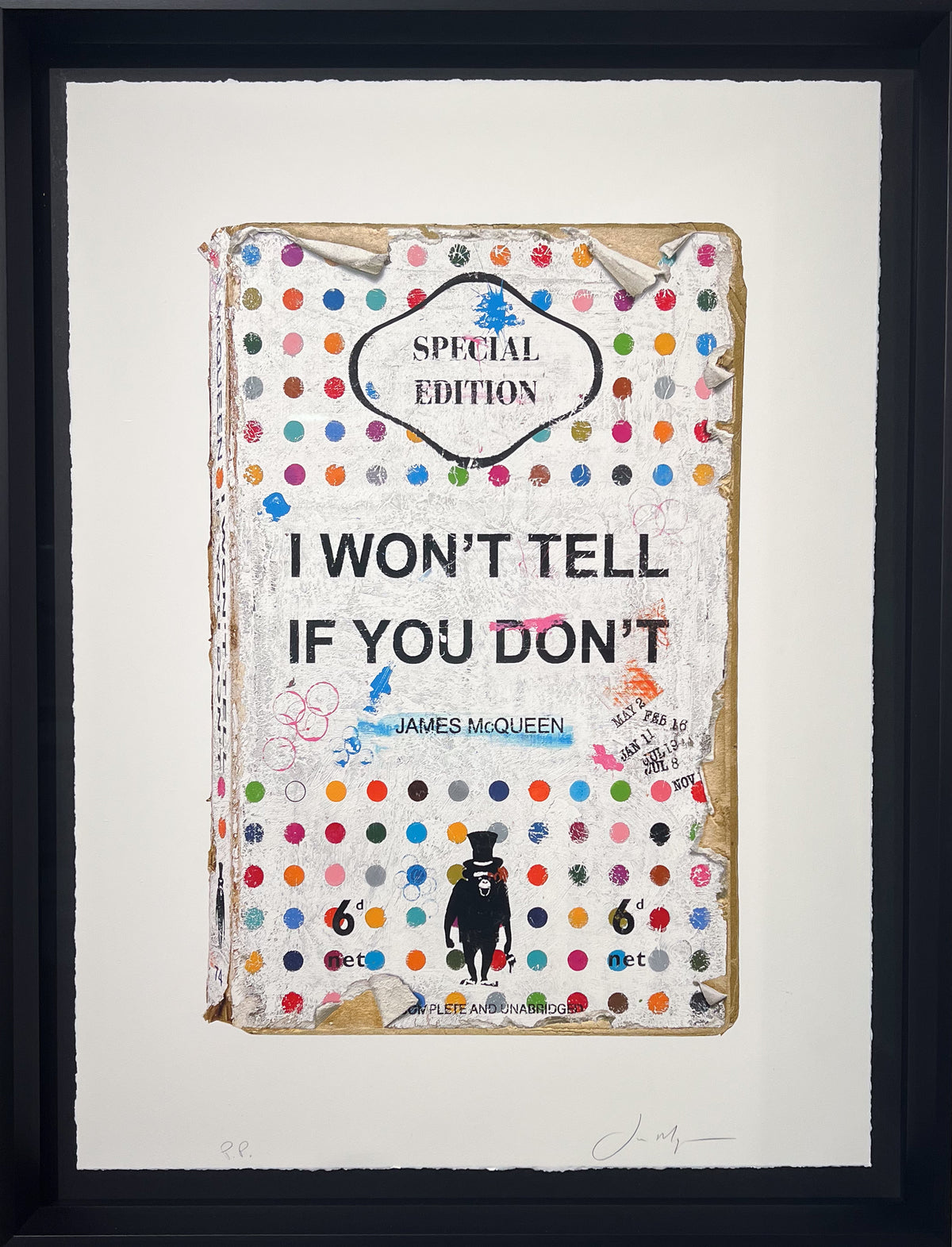 Text-led limited edition print by James McQueen reading I Won't Tell If You Don't, shown framed