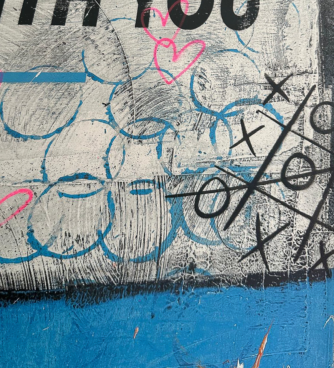 James McQueen 'If You Ever Leave Me' (Blue) Hand-Painted Multiple, detail of hand-painted pink heart doodles, blue circular scribbles, and a black noughts-and-crosses pattern over aged book-cover text. Creed Gallery, Ascot.