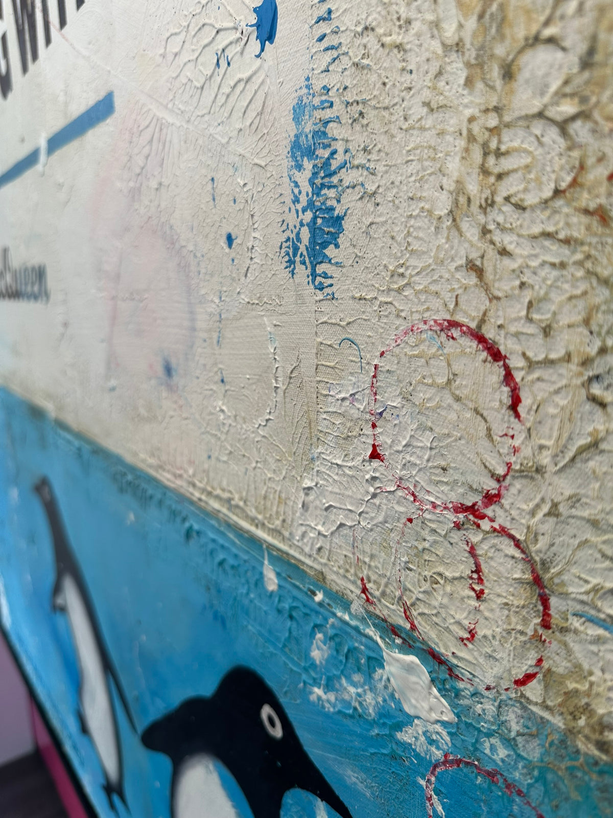James McQueen 'If You Ever Leave Me' original canvas, close-up detail of the heavily textured cracked surface with a hand-drawn red heart outline and monkey motif. Creed Gallery, Ascot.
