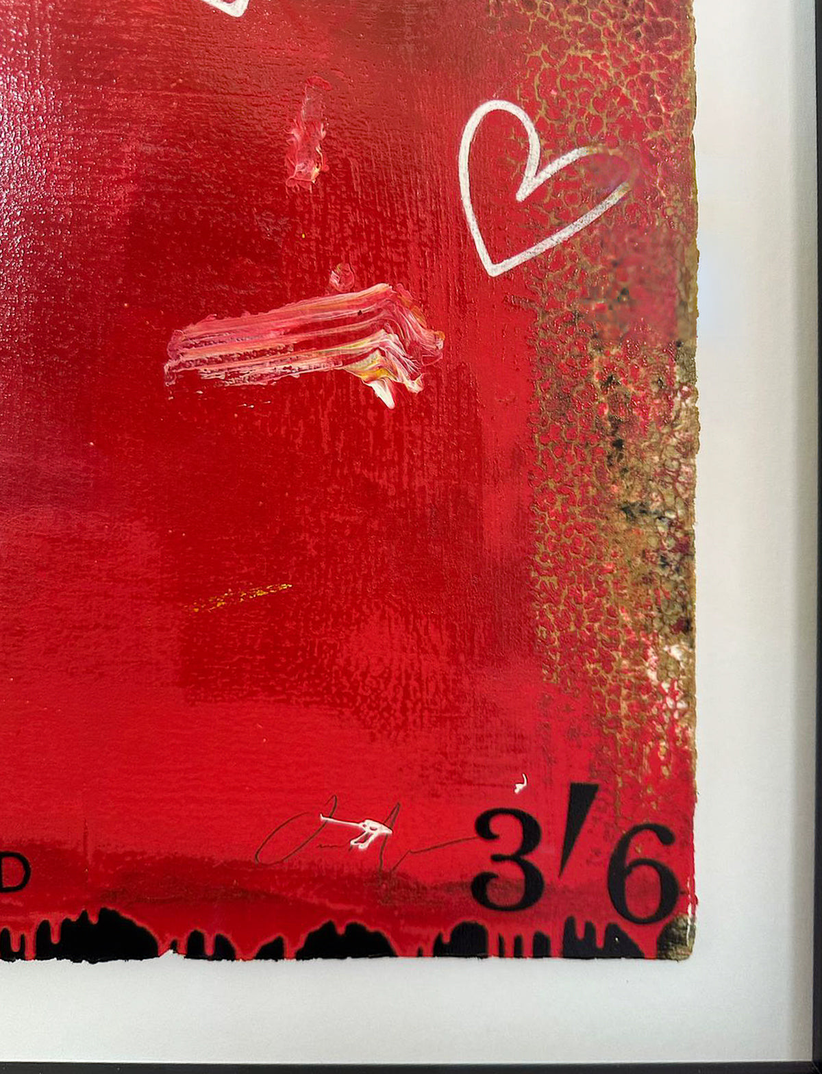 James McQueen 'It Started With A Kiss' original painting, detail of the hand-painted heart outline, textured brushwork, and hand-signed edition numbering on a red and gold aged surface. Creed Gallery, Ascot.