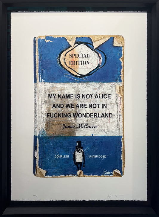 Text-led mixed media print by James McQueen playing on Alice in Wonderland, in a hand-signed edition of 95, framed