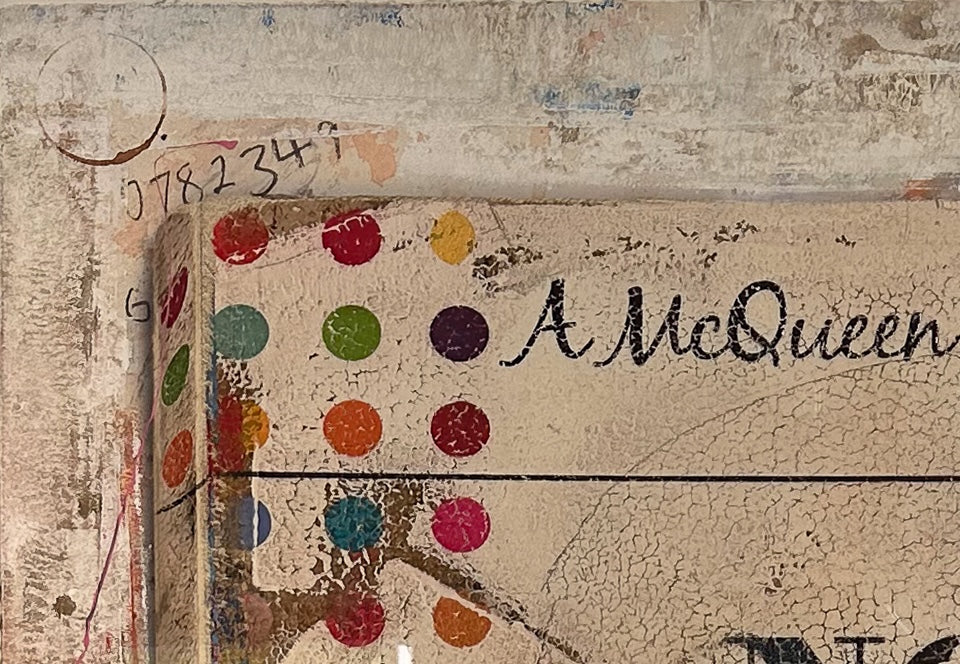 Close-up detail of the "No Risk No Story" unique artwork, highlighting the heavily distressed textures and colourful dot patterns. This shot showcases the intricate layers of spray paint and ink used by James McQueen on this large-scale 101 x 152.5 cm piece.