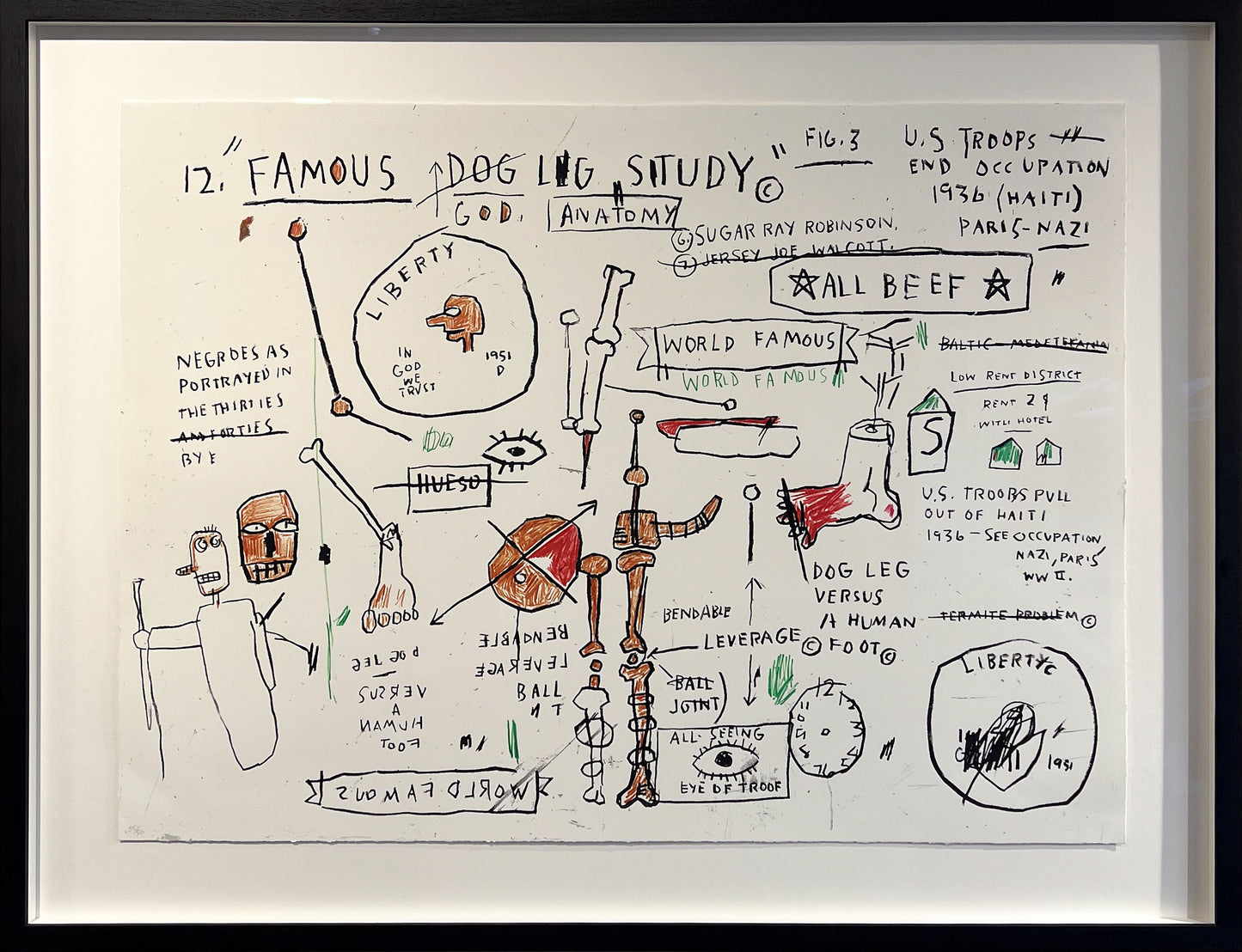 Jean-Michel Basquiat Dog Leg Study screenprint, diagrammatic composition skull figures handwritten text, Creed Gallery Ascot, Berkshire.
