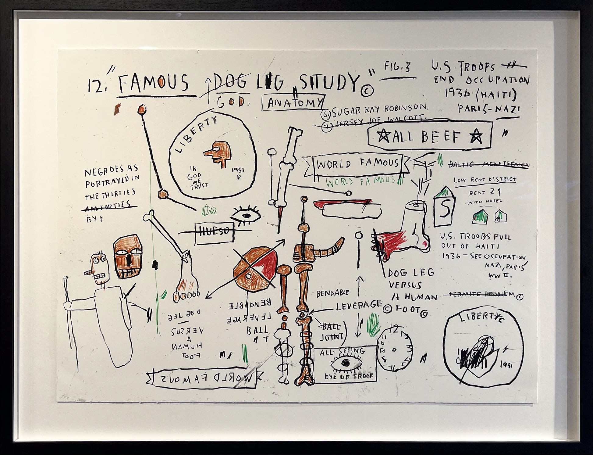 Jean-Michel Basquiat Dog Leg Study screenprint, diagrammatic composition skull figures handwritten text, Creed Gallery Ascot, Berkshire.