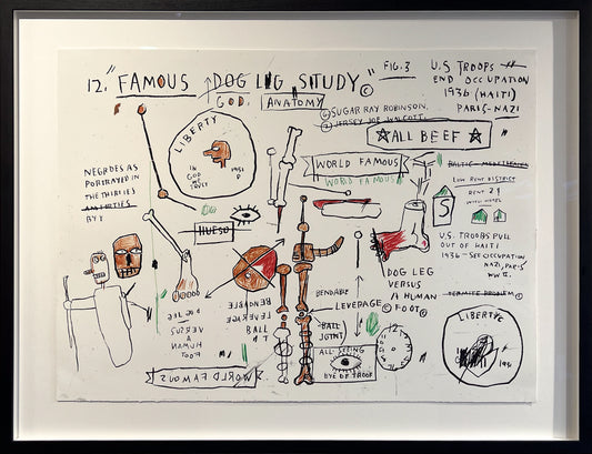 Jean-Michel Basquiat Dog Leg Study screenprint, diagrammatic composition skull figures handwritten text, Creed Gallery Ascot, Berkshire.